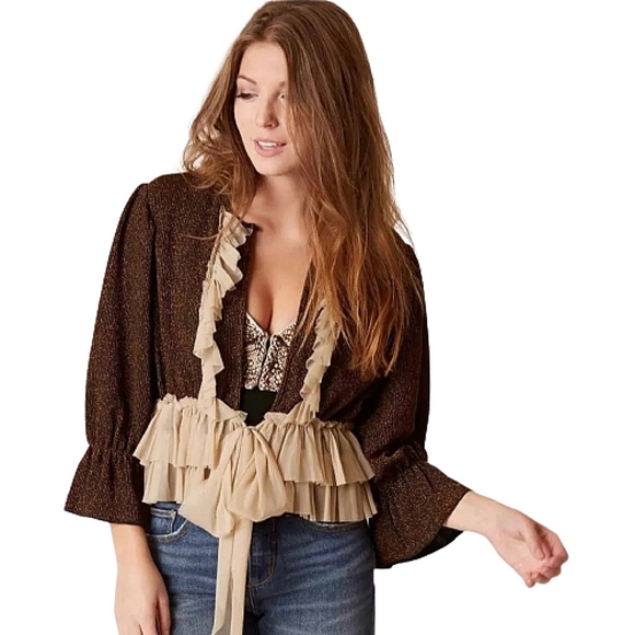 Gimmicks by BKE Ruffle Bolero Metallic Cardigan